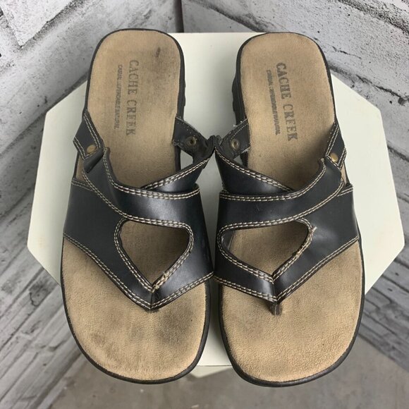 Cache Creek Chunky Black Faux Leather Slip On Thong Casual Comfort Sandals - Picture 3 of 8